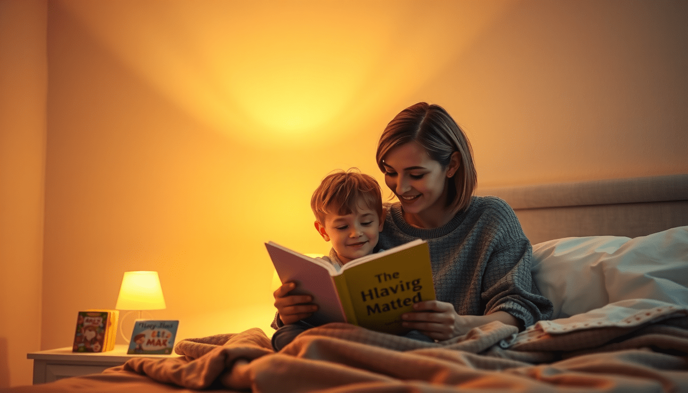Gentle parent reading a bedtime story to a young child in a cozy room