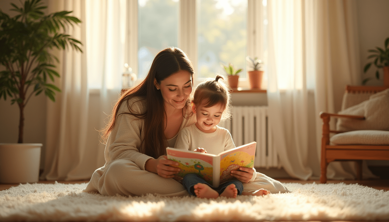 Parent and child reading Leo stories together in a cozy room